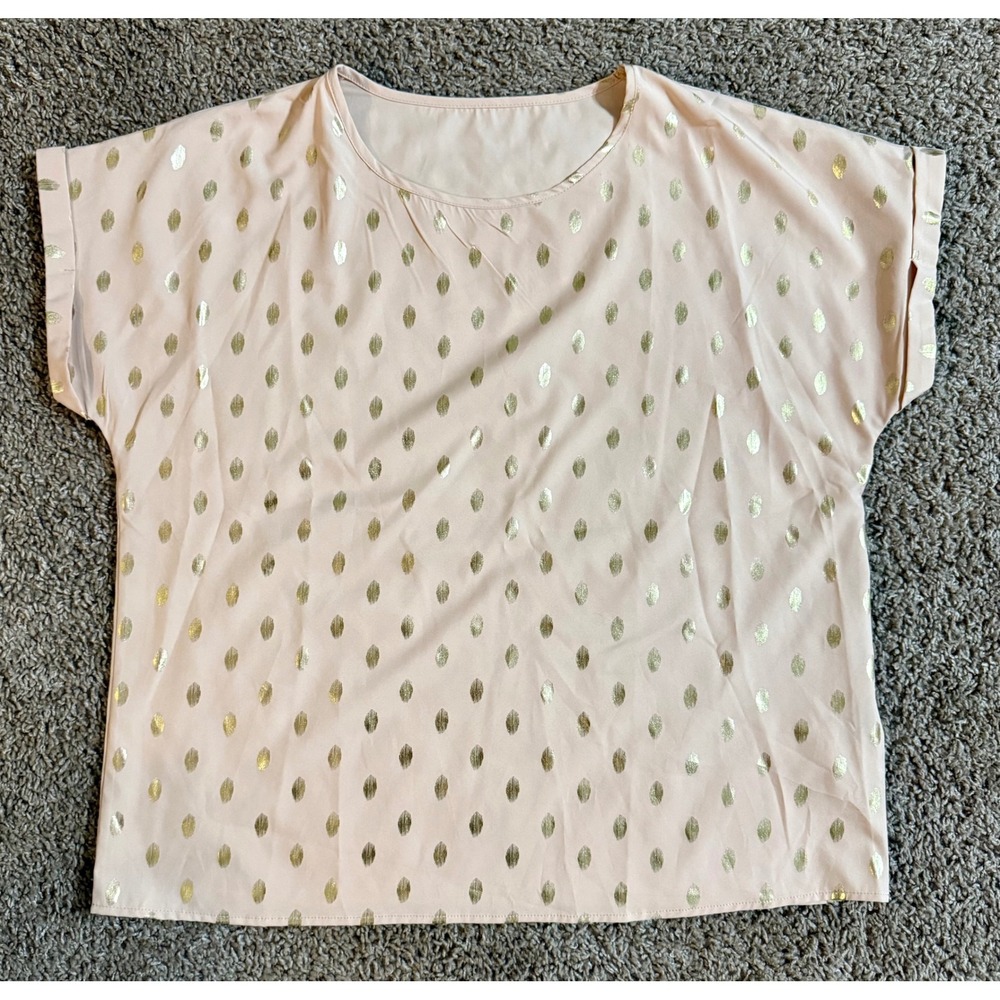 Emery Rose Blouse XL Excellent Peach Gold Metallic Polka Dot Dolman Sleeve Top